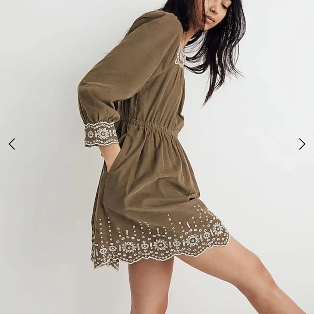 Madewell Embroidered corduroy olive green square neck mini dress‎ Sz PL new